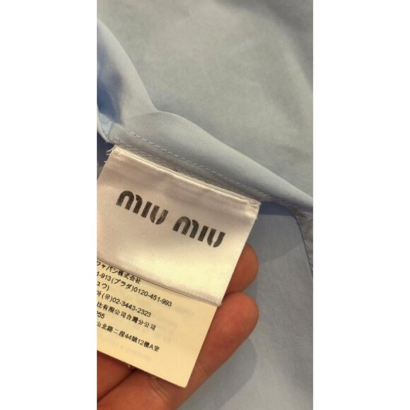 Miu Miu Light Blue Button-Up Shirt With Embroidered Logo Long Sleeves & Collared - Picture 6 of 7